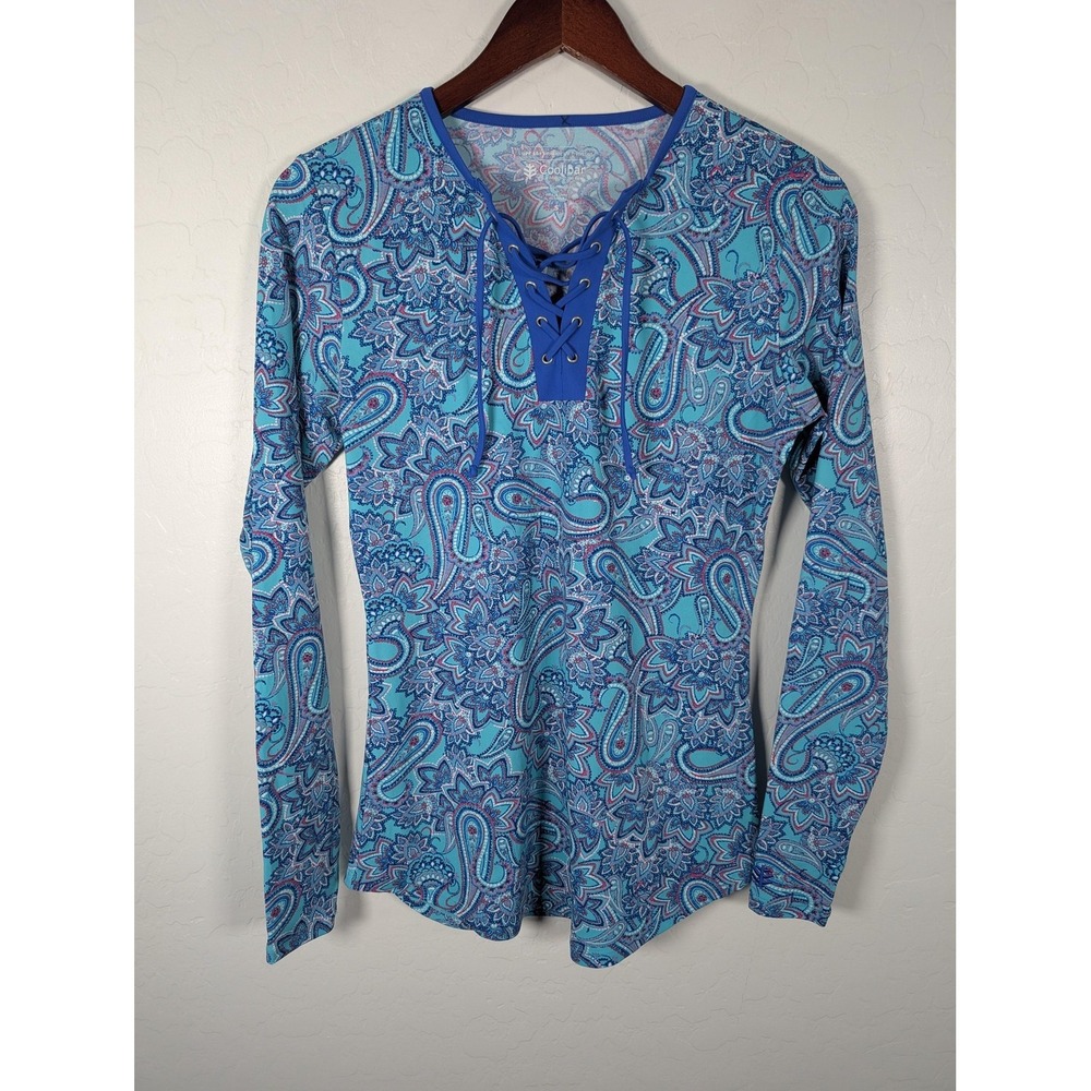 Coolibar Rash Guard Shirt Womens Small Blue Paisley Lace Up UPF 50+ Swim Top